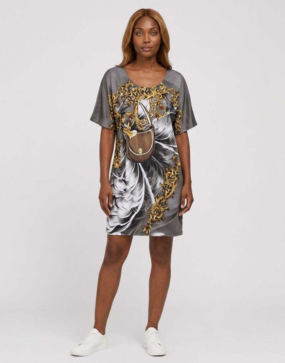 NWT Pretty Angel Silk Blend Gray Short Graphic Print Dress Women Size XL